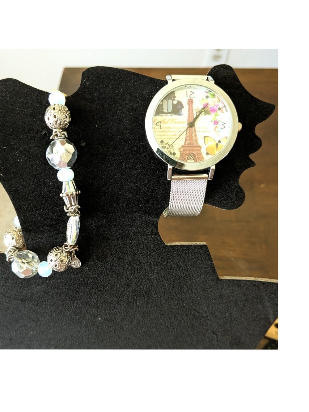 New Silver Mesh Strap Watch with Silver and Clear Beaded Bracelet